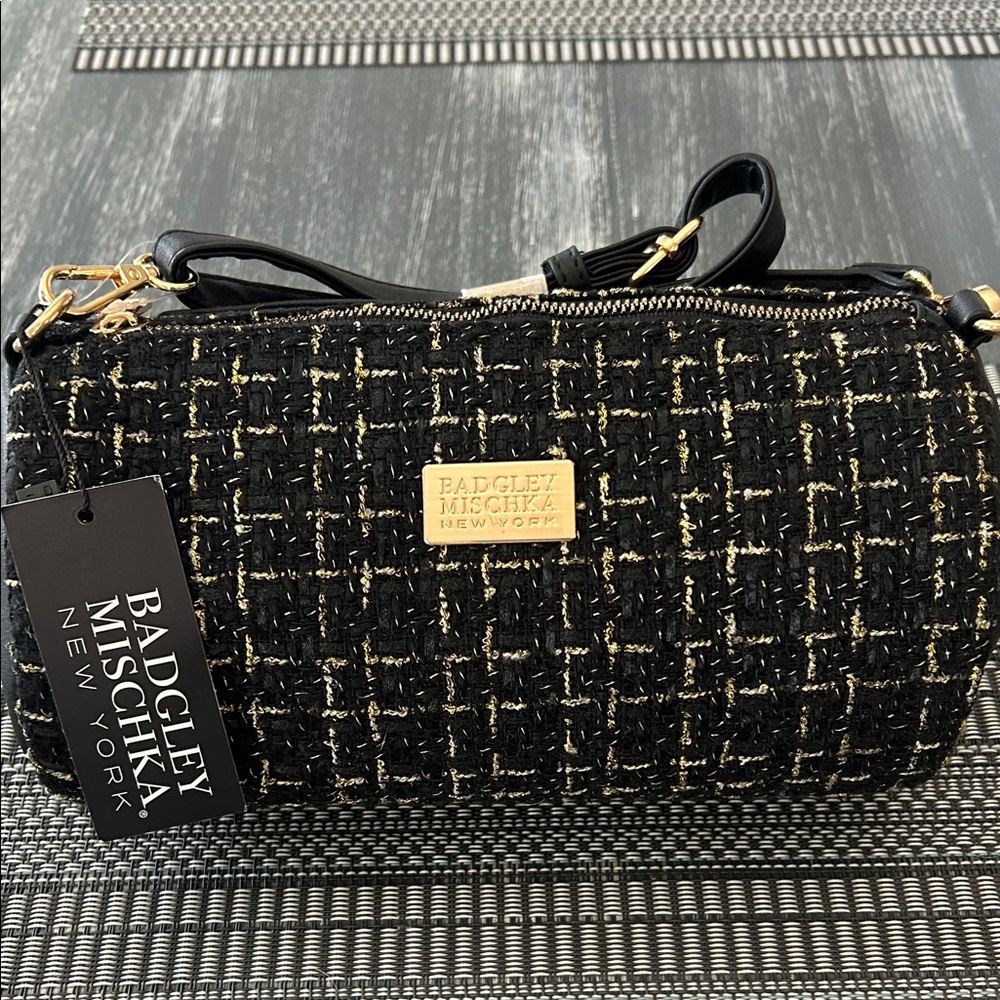 Badgley Mischka Black and Gold Tweed Crossbody Bag